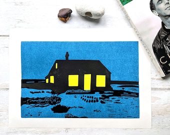 Prospect Cottage Dungeness Kent Handprinted Linocut Print  - Derek Jarman's Garden Linoprint - Hut Cabin Bothy Croft Print - Limited Edition