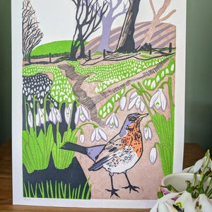Fieldfare and Snowdrops Handprinted Linocut Print - Handmade Art - Limited Edition