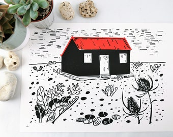 Rye Harbour Red Roof Fisherman's Hut Handprinted Linocut Print - Rye East Sussex Linoprint -  Pebbles Beach Shed Print - Limited edition