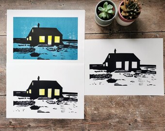 Prospect Cottage Dungeness Kent Handprinted Linocut Print  - Derek Jarman's Garden Linoprint - Hut Cabin Bothy Croft Print - Limited Edition