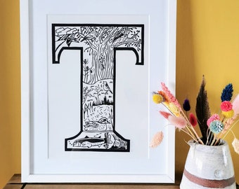 T Linocut Print Handprinted - Handmade Letter Linoprint - Nature Decorated Letter- Limited Edition