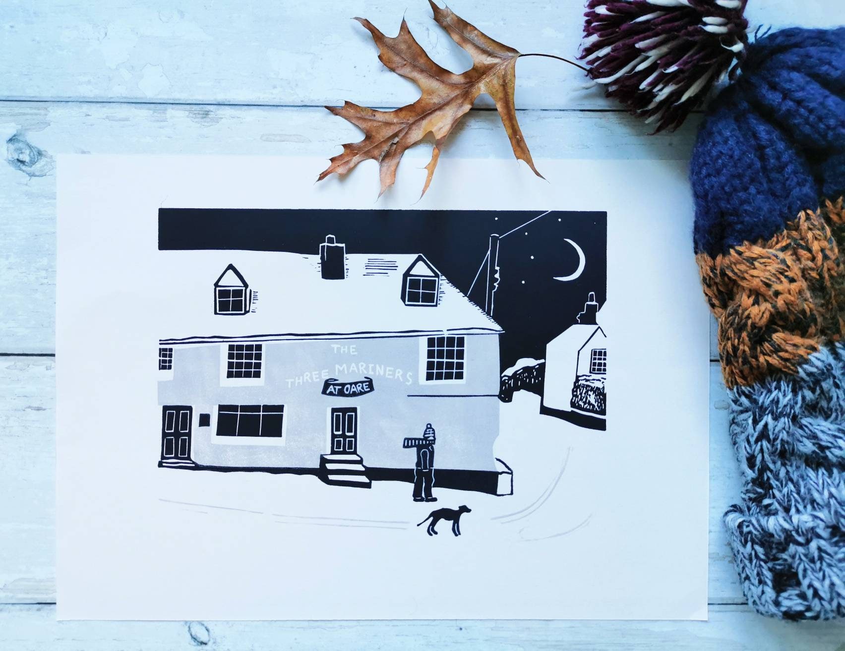 Closing Time Handprinted Linocut Print - The Three Mariners Oare Kent at Night Linoprint - Limited Edition