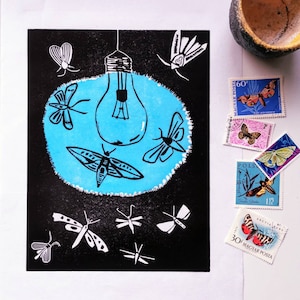 Moths to a Light Handprinted Linocut Print - Moth Linoprint -  Light Bulb Print - Insect Print - Limited edition