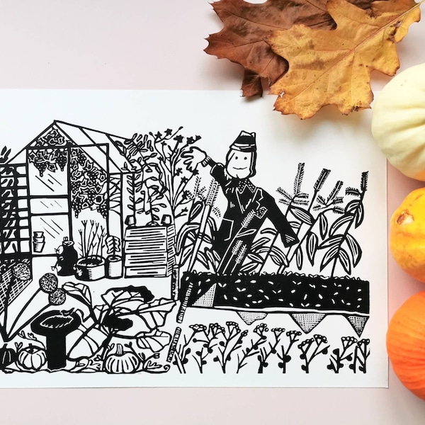 Allotment Scarecrow Linocut Print Handprinted  - Garden Linoprint - Handmade Art - Limited Edition