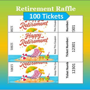 Boletos para rifa de jubilación (imprimibles), boletos para fiesta de jubilación, juego de jubilación con temática de vacaciones coloridas, actividad de jubilación con temática de playa