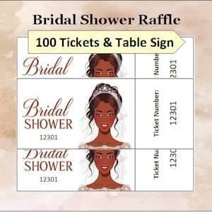 May include: A bridal shower raffle set with 100 tickets and a table sign. The tickets feature illustrations of a bride with a veil and a tiara. The text includes "Bridal Shower" and ticket numbers.