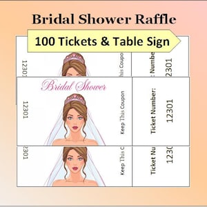 May include: A bridal shower raffle set with the text "Bridal Shower Raffle" and "100 Tickets & Table Sign". The tickets feature an illustration of a bride. Each ticket is numbered 12301 and 2301.