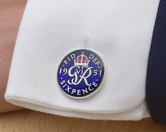 1951 George VI Sixpence - Enamelled Coin Cufflinks