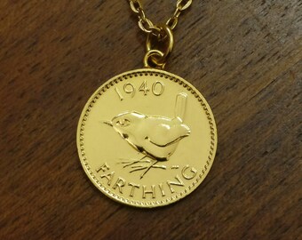1940 George VI Farthing - Collier pièce de monnaie en plaqué or
