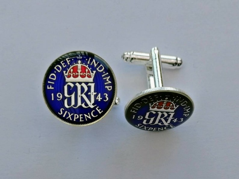 Enamelled Coin Cufflinks 1943 George VI Sixpence
