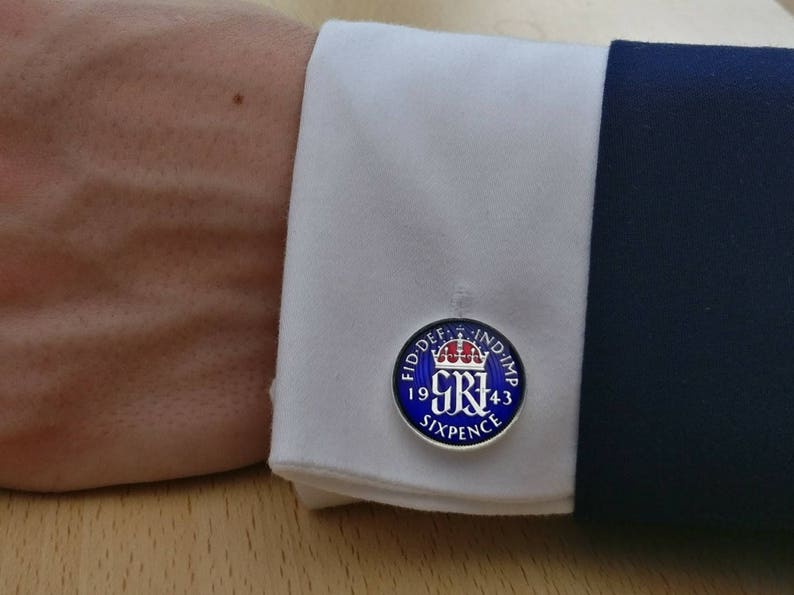 Enamelled Coin Cufflinks 1943 George VI Sixpence