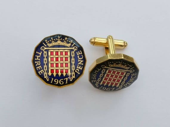 Blue and Gold 1953-1967 Threepenny Enamelled Coin Cufflinks Perfect Wedding - Handmade Christmas or Birthday Gift