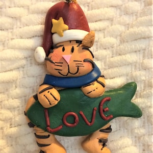 Hand Painted Gray and Black Tabby Cat Christmas Ornament &#39;Love&#39;