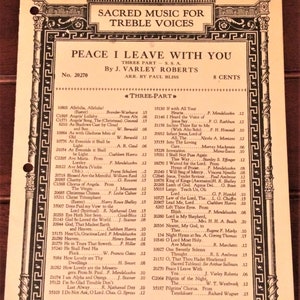 Peace I Leave With You 3-Part Chorus for Women (SSA) Vintage Sheet Music 1923