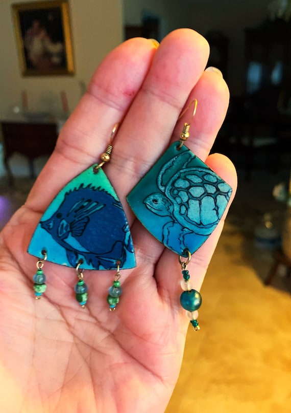 Handmade Turquoise and Blue Enamel 'Sea Life' Ear… - image 1