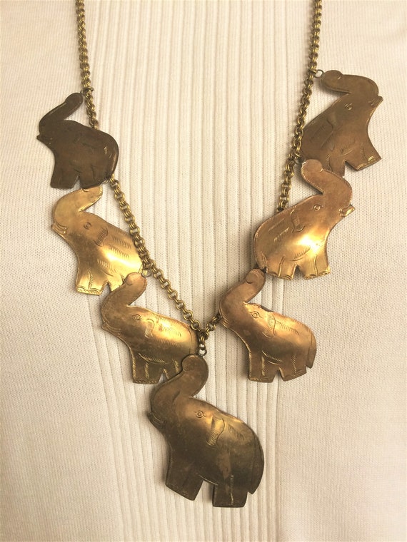 Vintage Brass Etched Elephant Necklace