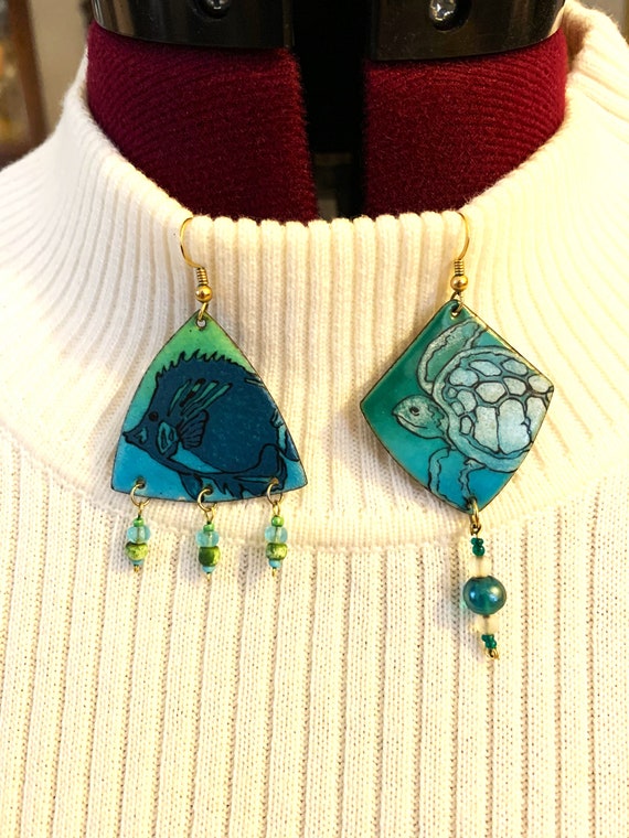 Handmade Turquoise and Blue Enamel 'Sea Life' Ear… - image 3
