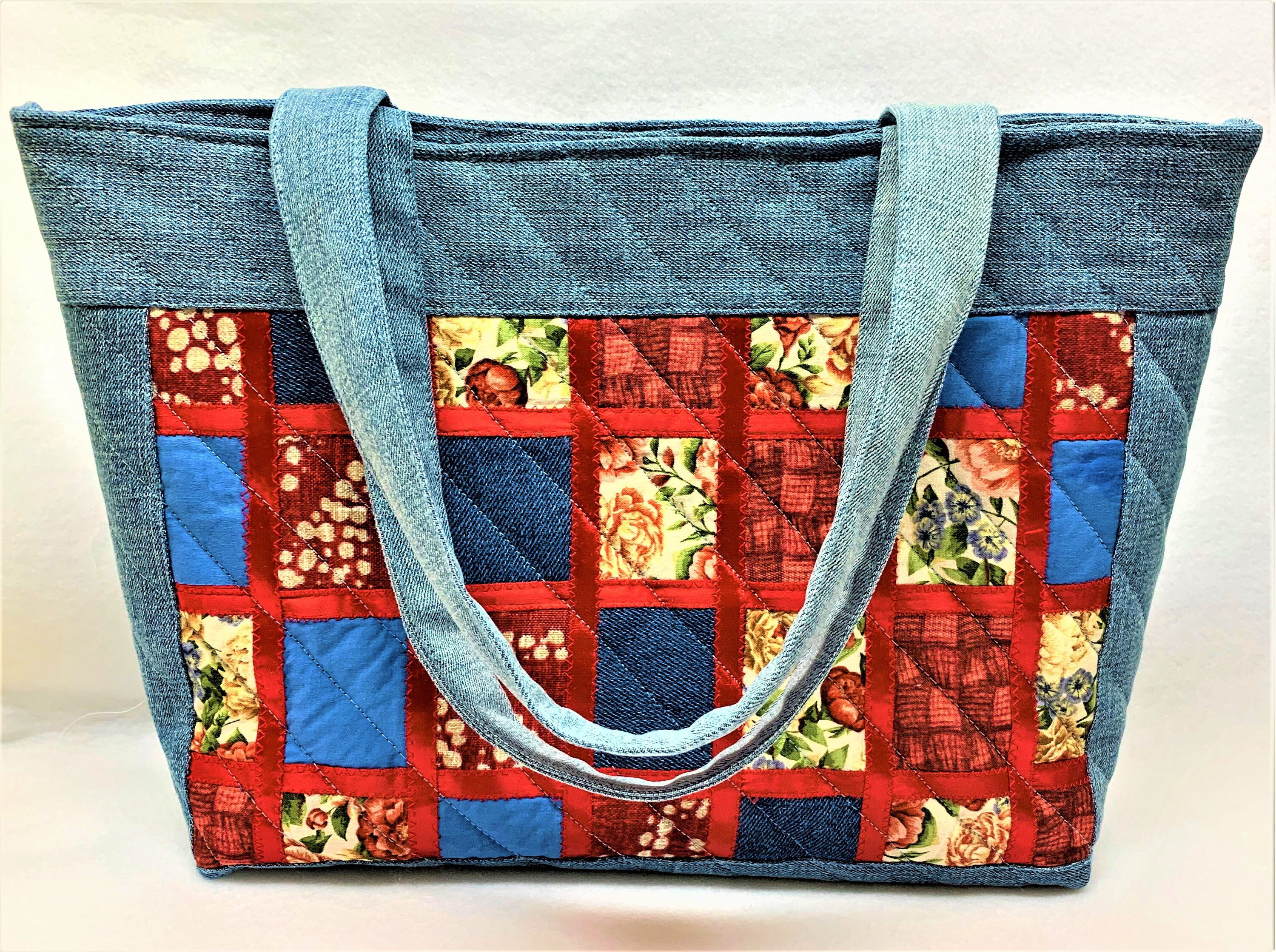 うのにもお得な Hand Magnetic With Tote Patchwork Quilted Denim Blue Made バッグ