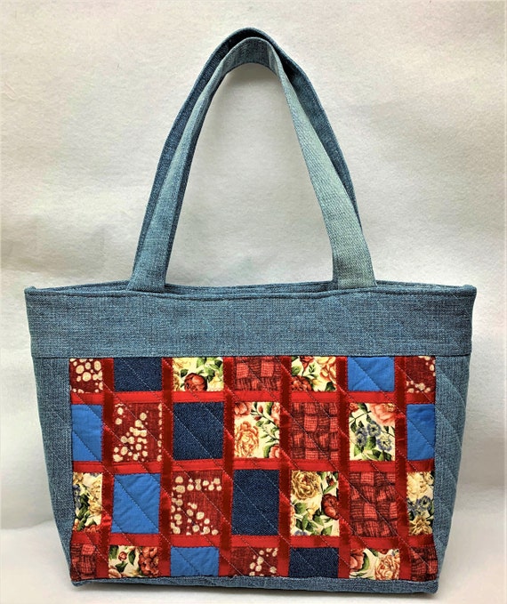 Hand Made Blue Denim Quilted Patchwork Tote With Magnetic Snap | Etsy