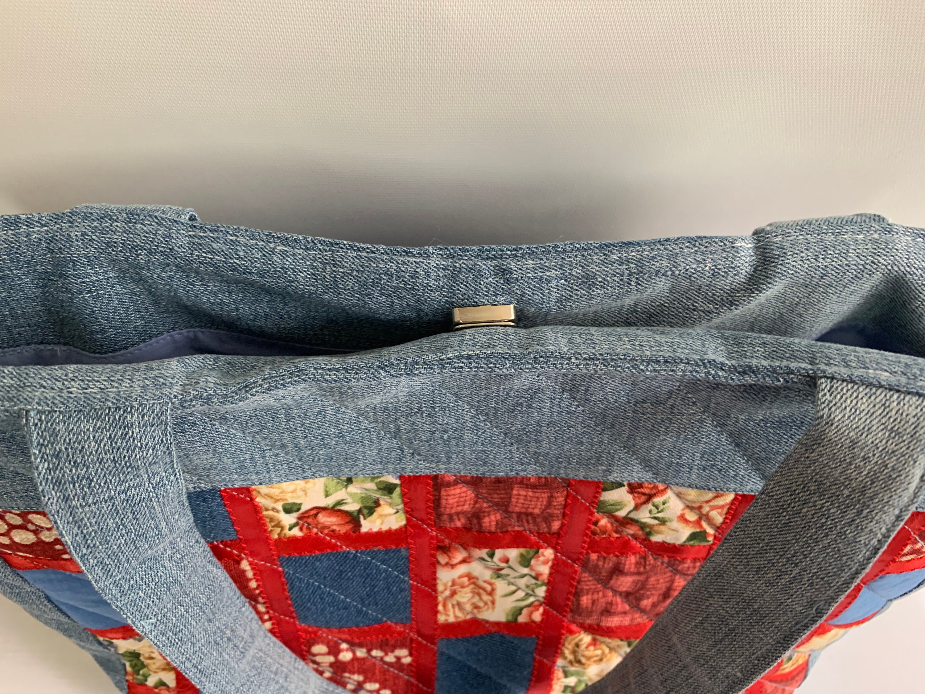 Hand Made Blue Denim Quilted Patchwork Tote With Magnetic