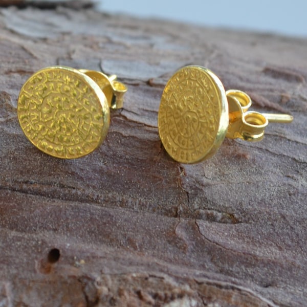 Phaistos Disc Gold plated Earrings, Greek Earrings, Silver Disc Earrings, Minoan Jewelry, Handmade Greek Jewelry, Phaistos Scheibe