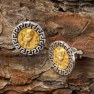 Owl - Meander Silver Earrings, Sterling Silver Earrings, Owl, Greek Key, Wisdom Symbol