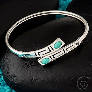 Meander Bangle Bracelet with Lapis or Turquoise stone, Sterling Silver 925 Bracelet, Greek Key Bangle Bracelet, Greek Jewelry