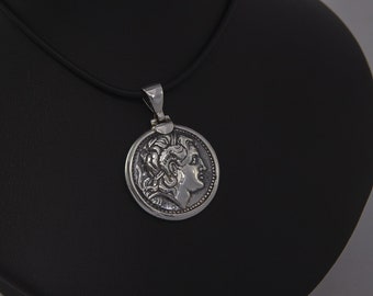 Colgante de plata de Alejandro Magno, moneda griega antigua, "Tetradrachmon" griego antiguo, Alejandro Magno
