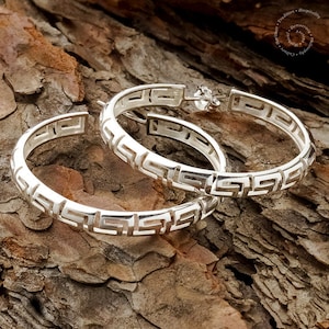 Greek Meander Hoop Earrings, Greek Key Hoop Earrings, Sterling Silver Earrings, Ancient Greek Earrings