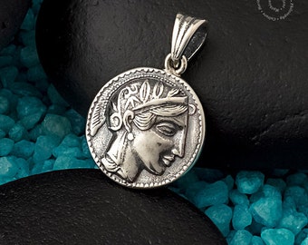 Goddess Athena - Owl Silver Pendant, Double sided Pendant, Sterling Silver Pendant, Greek Jewelry, Greek Symbols,Goddess Athina