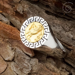 Gold Plated Owl/Silver Meander Ring, black patine owl /silver meander ring,Greek Key Ring, Owl Ring, Greek Jewelry, Athina's Symbol