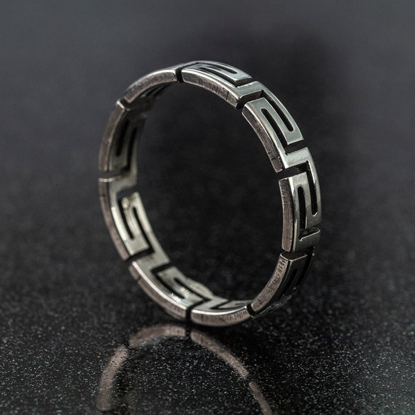 Meander Steel Ring, Greek key Steel Ring