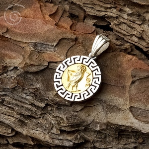 Gold Plated Owl/Silver Meander Pendant, Greek Key Pendant, Owl Pendant, Greek Jewelry, Athina&#39;s Symbol