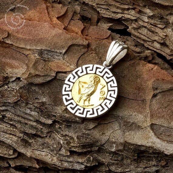 Gold Plated Owl/Silver Meander Pendant, Greek Key Pendant, Owl Pendant, Greek Jewelry, Athina's Symbol