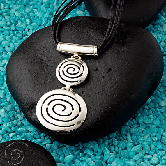 Circle of Life Silver Pendant With Black Waxed Cord, Greek Key