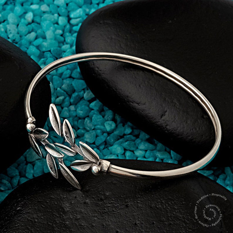 Olive Branch Sterling Silver Bangle Bracelet, Handmade Silver Bracelet, Greek Jewelry, Olive Branch Bracelet, Silber Olivenzweig, olive leaf image 1