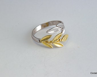 Olive leaves Silver golden ring,Olive branch gold plated ring,Greek Jewelry,