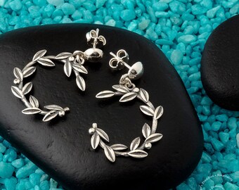 Olive Branch Curved Earrings, Sterling Silver Earrings, Olive tree branch earrings, Greek Jewelry, Silber Olivenzweig,olive leaf earrings