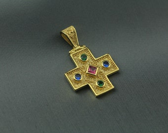 Gold Plated Byzantine Cross: 925 Silver Christian Pendant