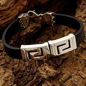 Meander Silver Bracelet With Black Rubber, Sterling Silver Bracelet, Greek Key Bracelet, Ancient ...
