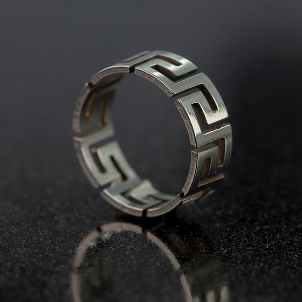 Meander Steel Ring, Greek key Steel Ring