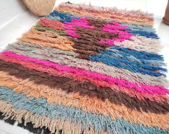 long pile vintage rug,2.3x3.4 wool rug,tulu rug,shaggy rug,handknotted rug,bohemian rug,antique rug,colorful rug,flokati rug,nomadic rug