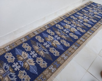 Navy Blue Turkish Runner Rug: Bohemian Kilim Hallway Rug (9.3x2.6 ft)