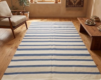 5x8 Vintage Striped Kilim Rug: Neutral Bohemian Decor