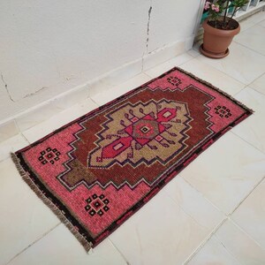 Vintage Turkish Wool Rug: Small Red Oushak Doormat (3x1.5 ft)