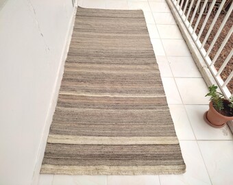 Vintage Turkish Wool Runner Rug: Neutral Kilim, 3x7 ft