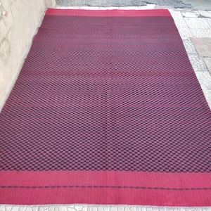 Vintage Checkered Kilim Rug: 6x9 Red Bohemian Turkish Rug