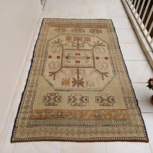 3x6 rug,antique rug,3x6 vintage rug,home decor,turkish rug,wool rug,bohemian rug,handknotted rug,neutral rug,pastel rug,oushak rug,area rug