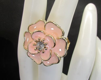 Light Pink Flower Ring, Rhinestone, Gold, Adjustable, Sparkly, Pretty