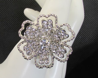 Sparkly Rhinestone Flower Ring: Adjustable Silver Plated Band